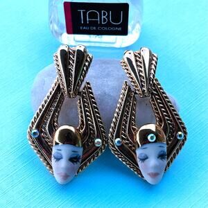 Vintage 1980 Art Deco Gold-Tone Hand Painted Woman Face Earrings